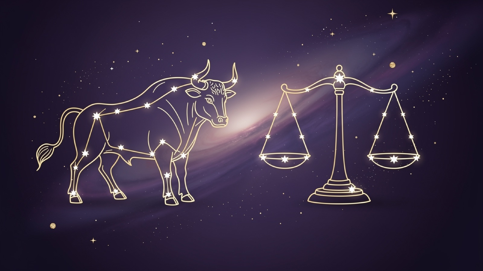 Taureau et Balance — illustration du duo : constellation dorée des deux signes sur ciel violet