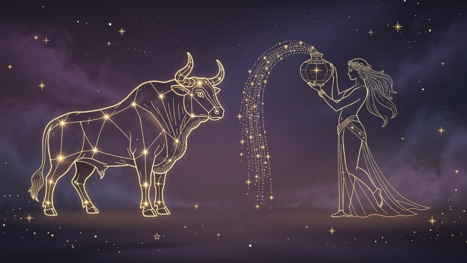 Taureau et Verseau — illustration du duo : constellation dorée des deux signes sur ciel violet