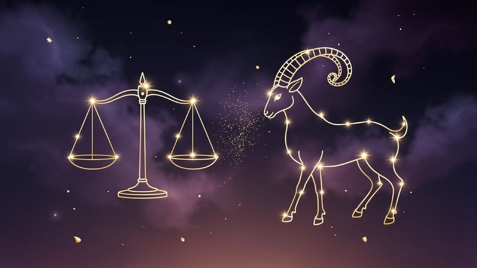 Balance et Capricorne — illustration du duo : constellation dorée des deux signes sur ciel violet