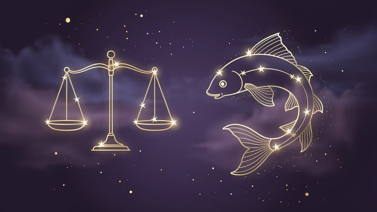 Balance et Poissons — illustration du duo : constellation dorée des deux signes sur ciel violet