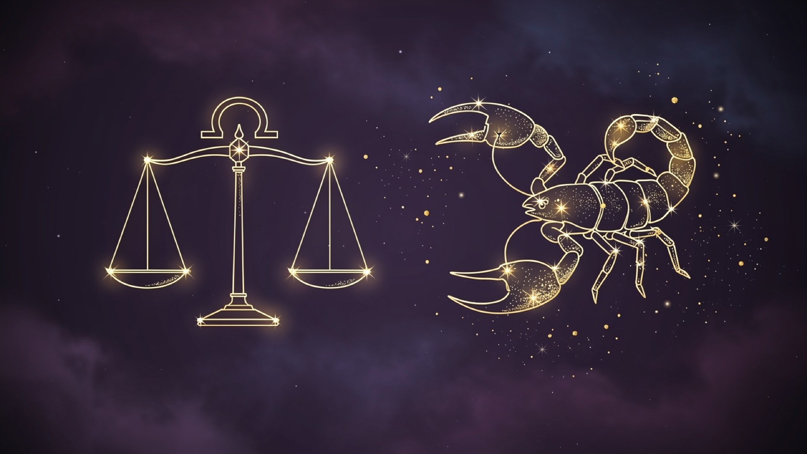 Balance et Scorpion — illustration du duo : constellation dorée des deux signes sur ciel violet