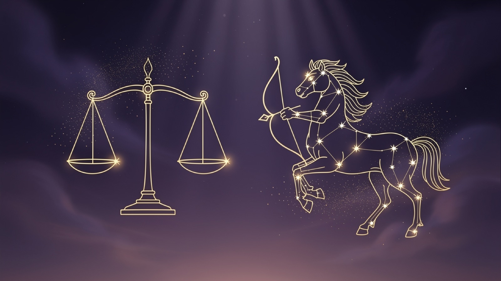 Balance et Sagittaire — illustration du duo : constellation dorée des deux signes sur ciel violet