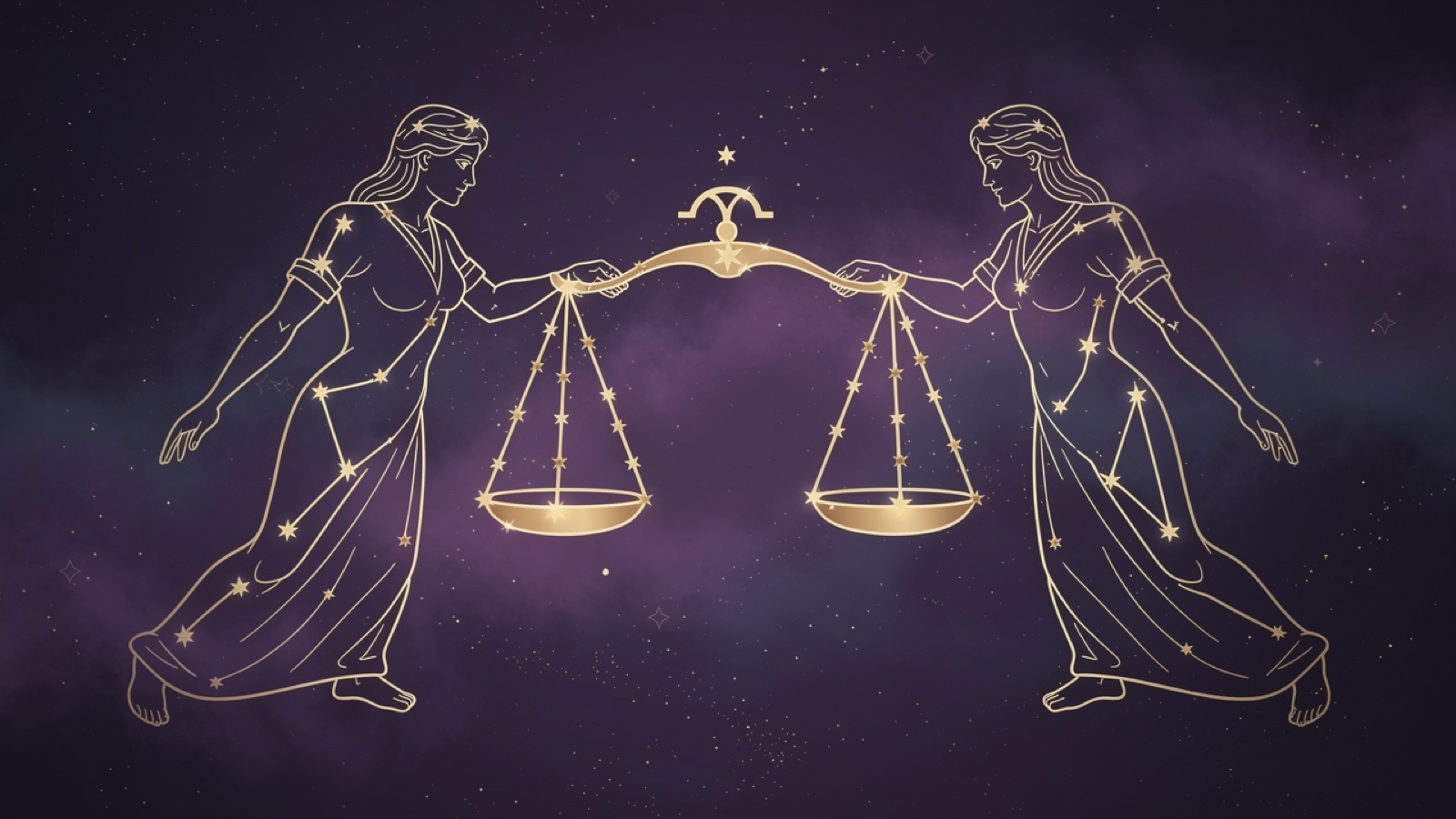 Balance et Balance — illustration du duo : constellation dorée des deux signes sur ciel violet