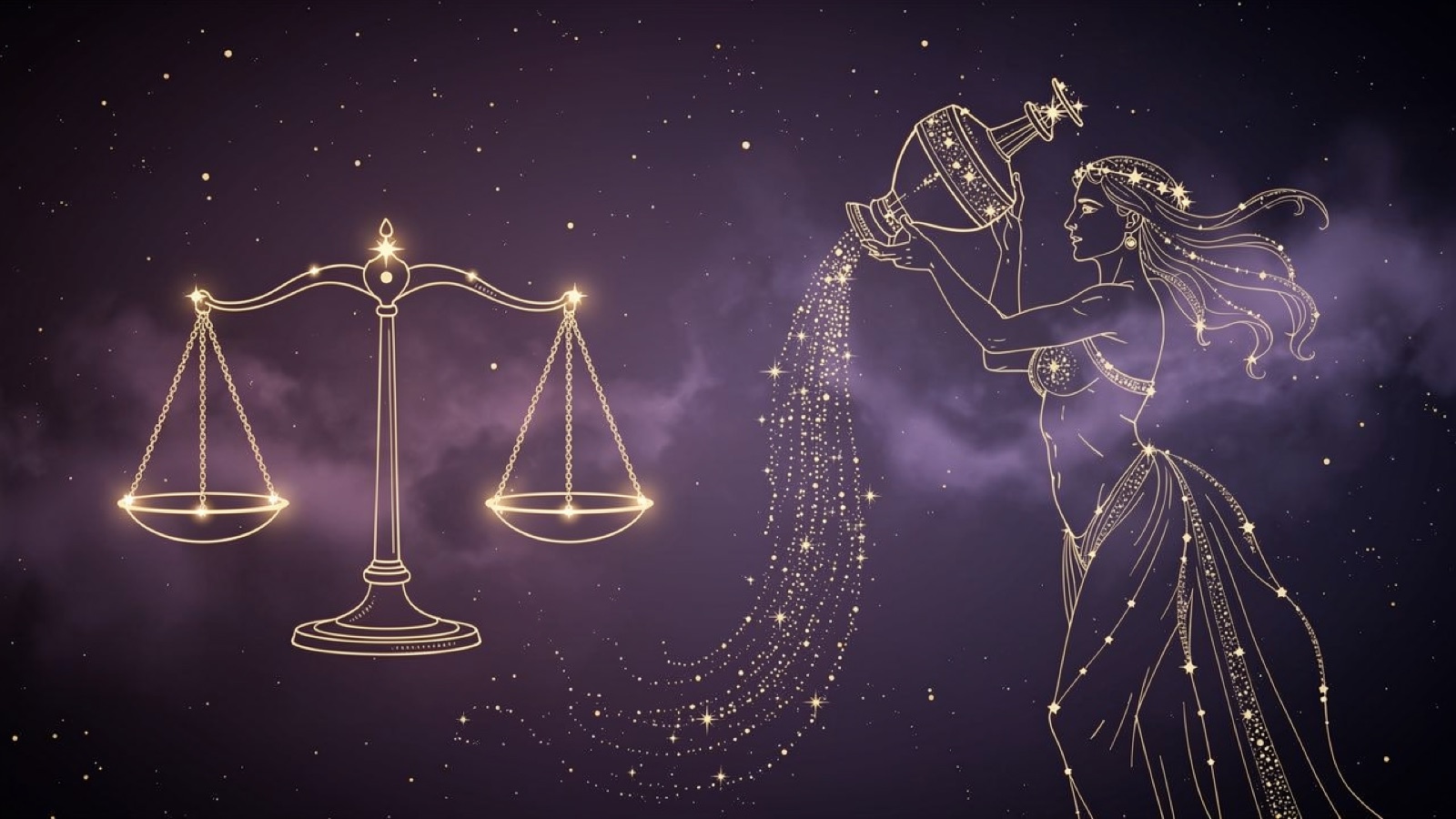 Balance et Verseau — illustration du duo : constellation dorée des deux signes sur ciel violet