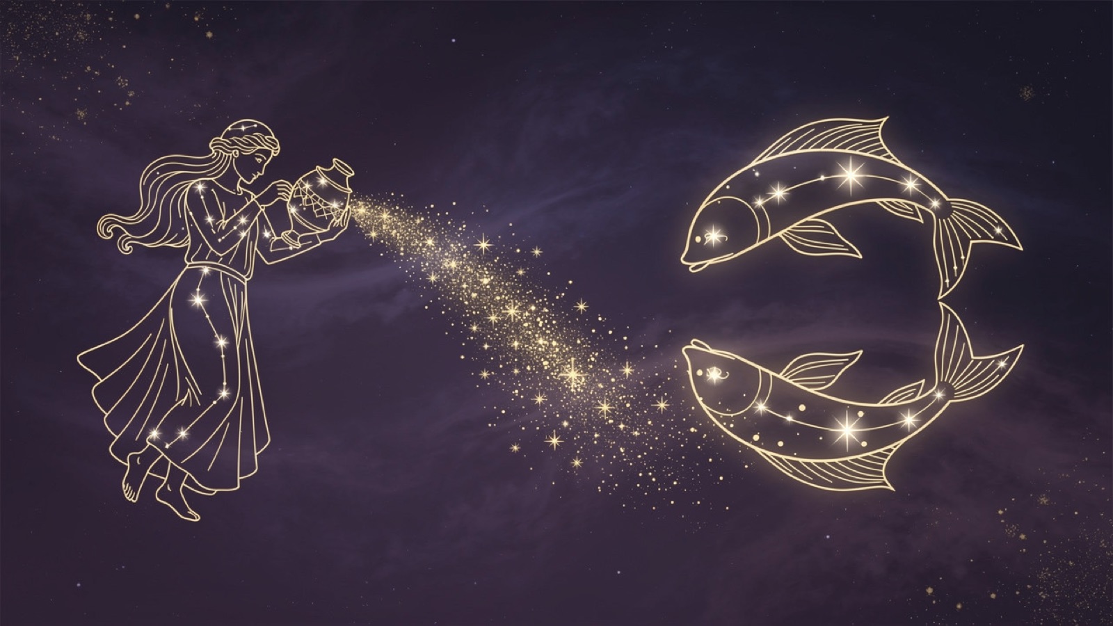 Verseau et Poissons — illustration du duo : constellation dorée des deux signes sur ciel violet