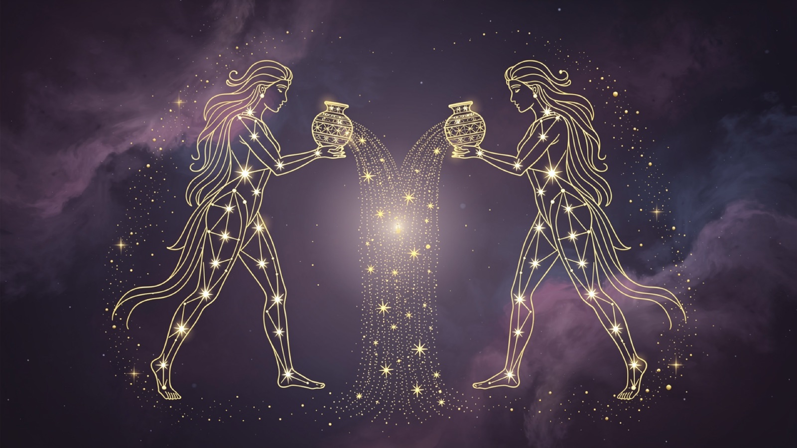 Verseau et Verseau — illustration du duo : constellation dorée des deux signes sur ciel violet