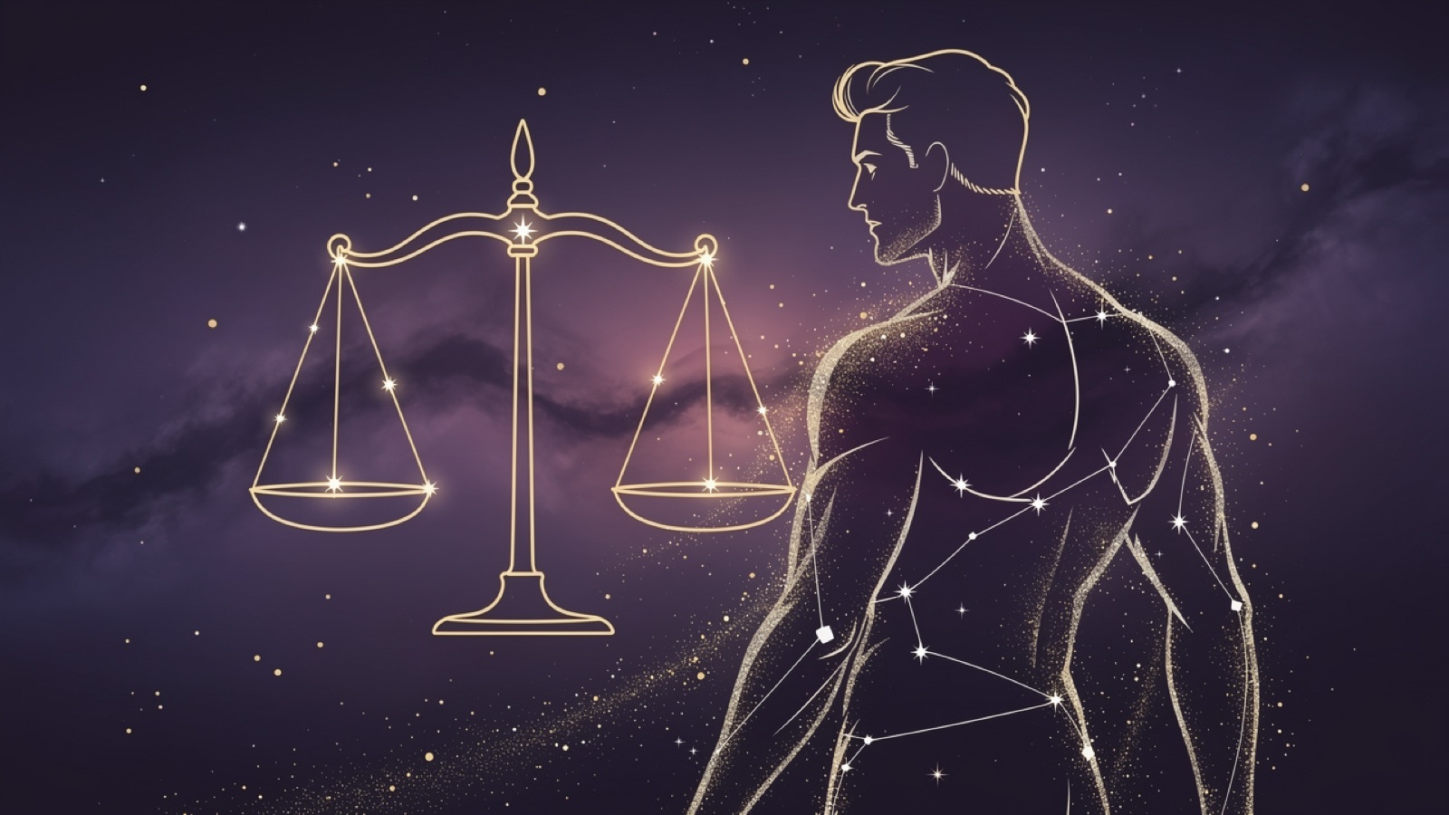 Мужской силуэт со золотым созвездием Весов на тёмно-фиолетовом звёздном небе
